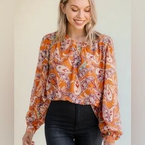 Woven Paisley Long-Sleeve Top in Orange nwot